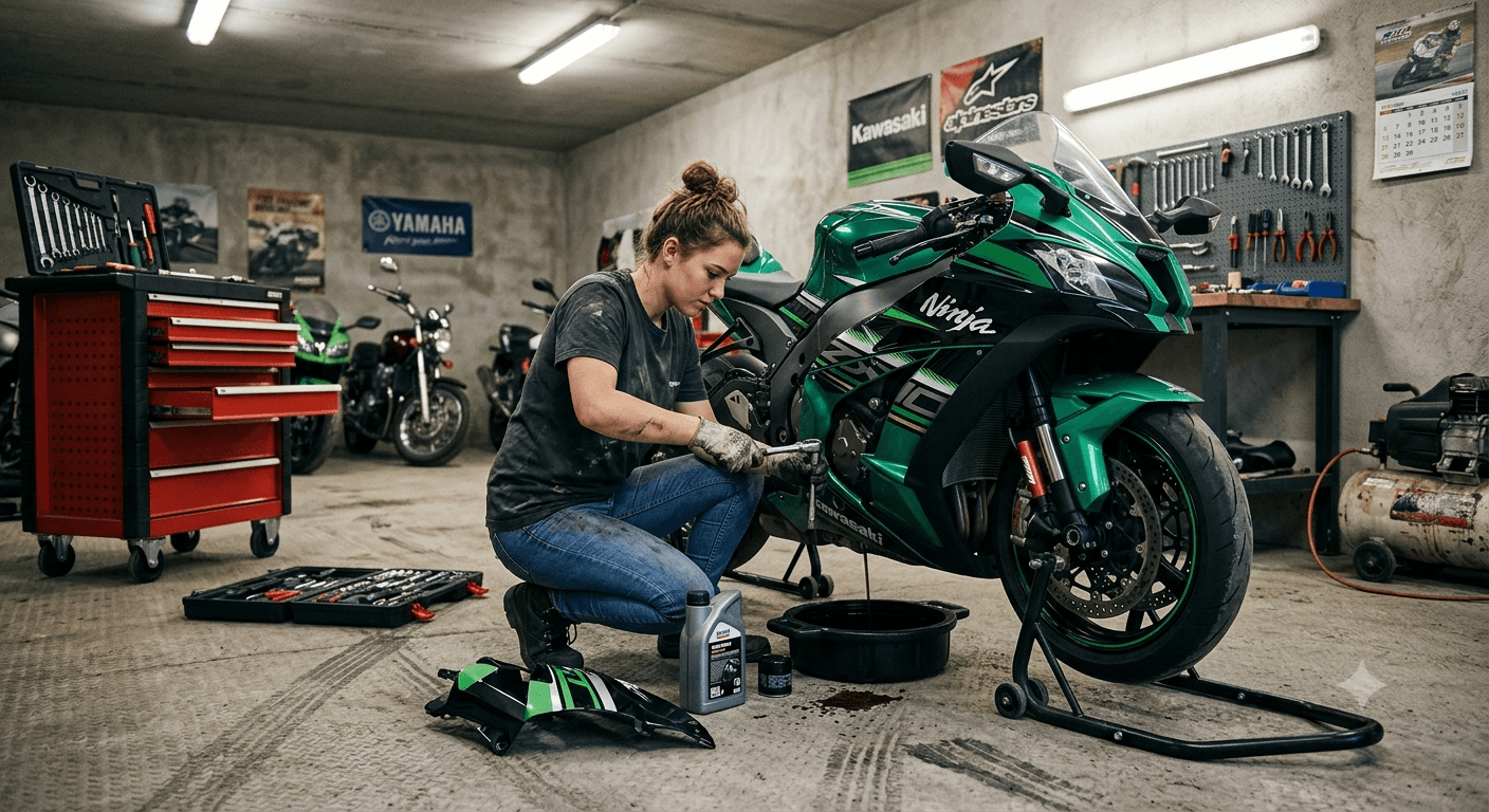 Woman servicing a Kawasaki Ninja in a workshop