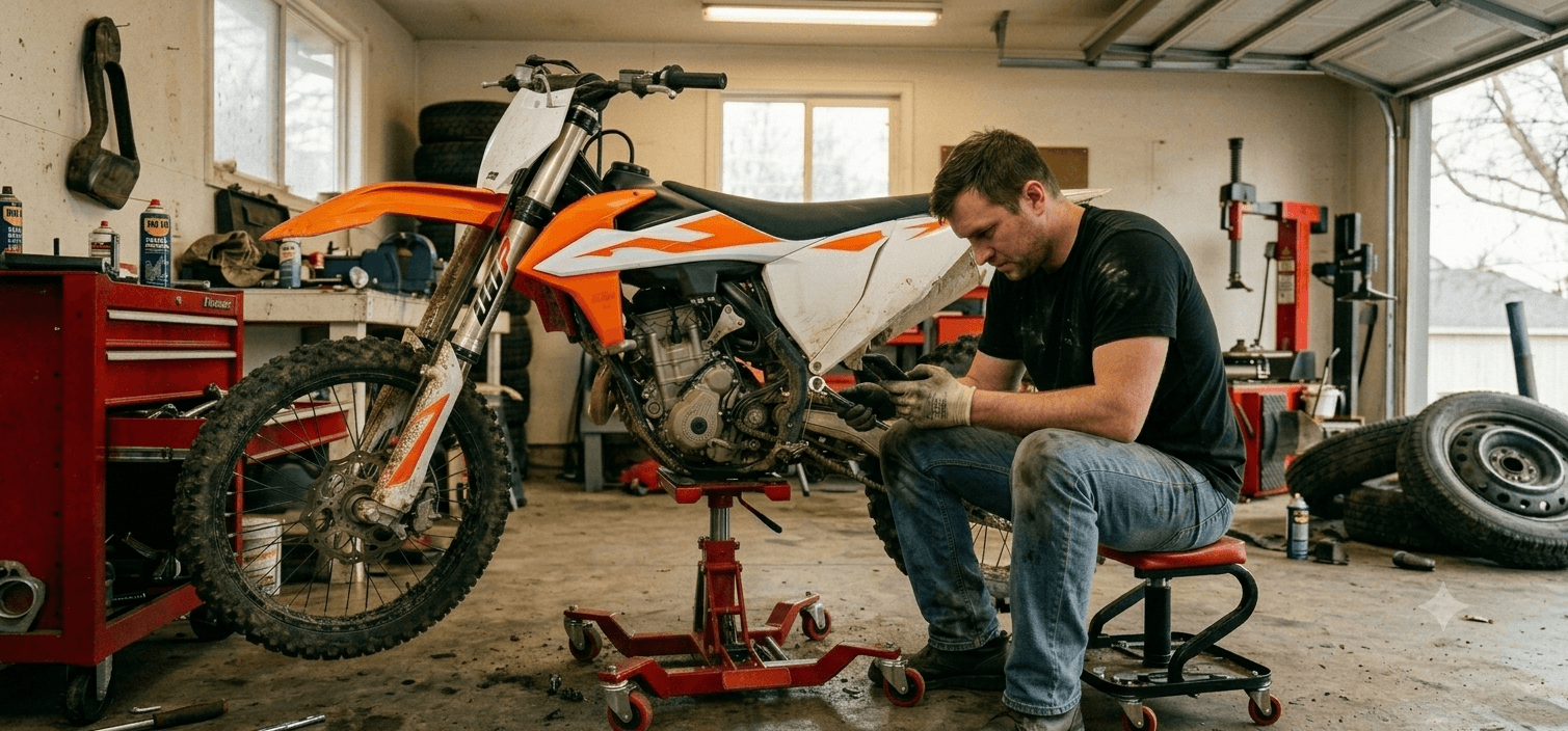 Motorcyclist working on a KTM in a garage