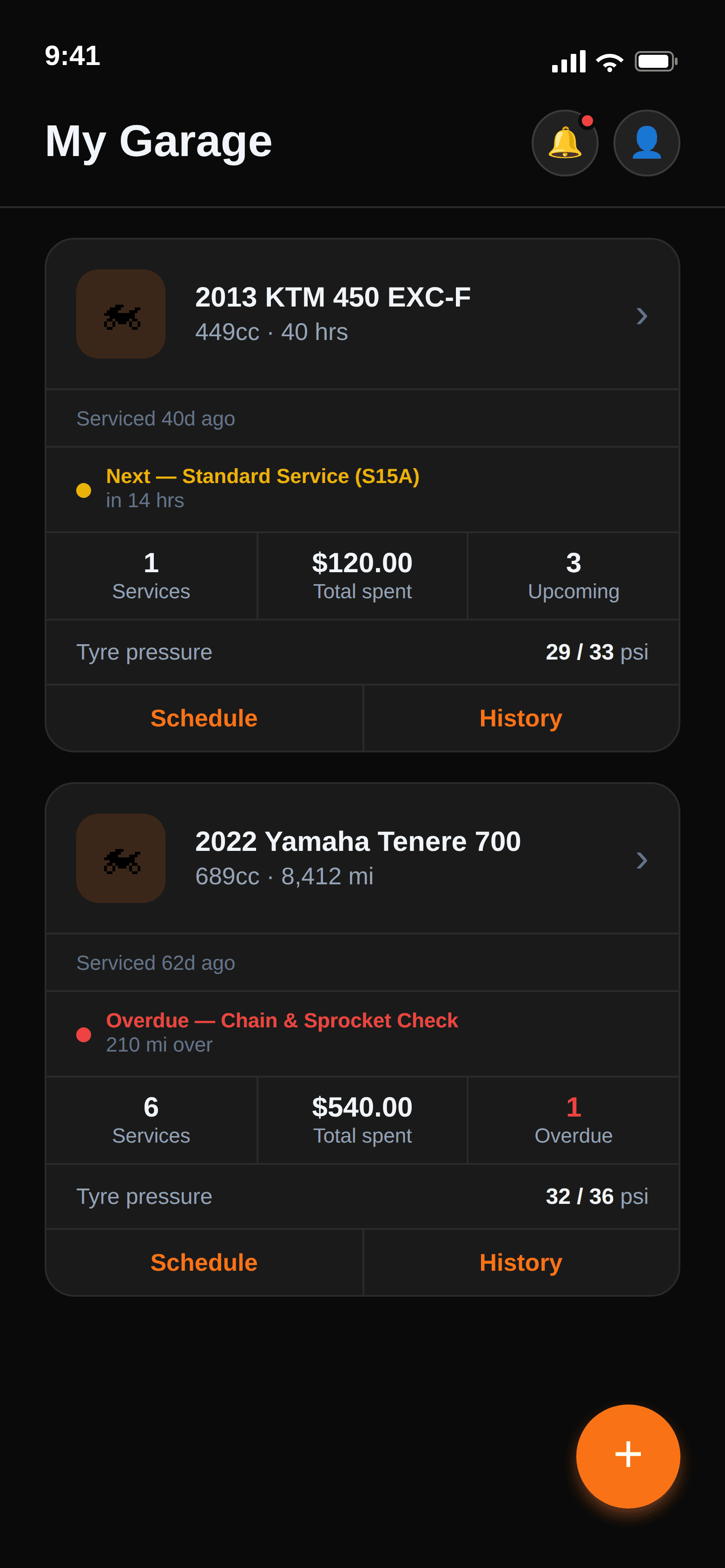 MotoServicePro mobile app showing My Garage with two motorcycles and their upcoming services