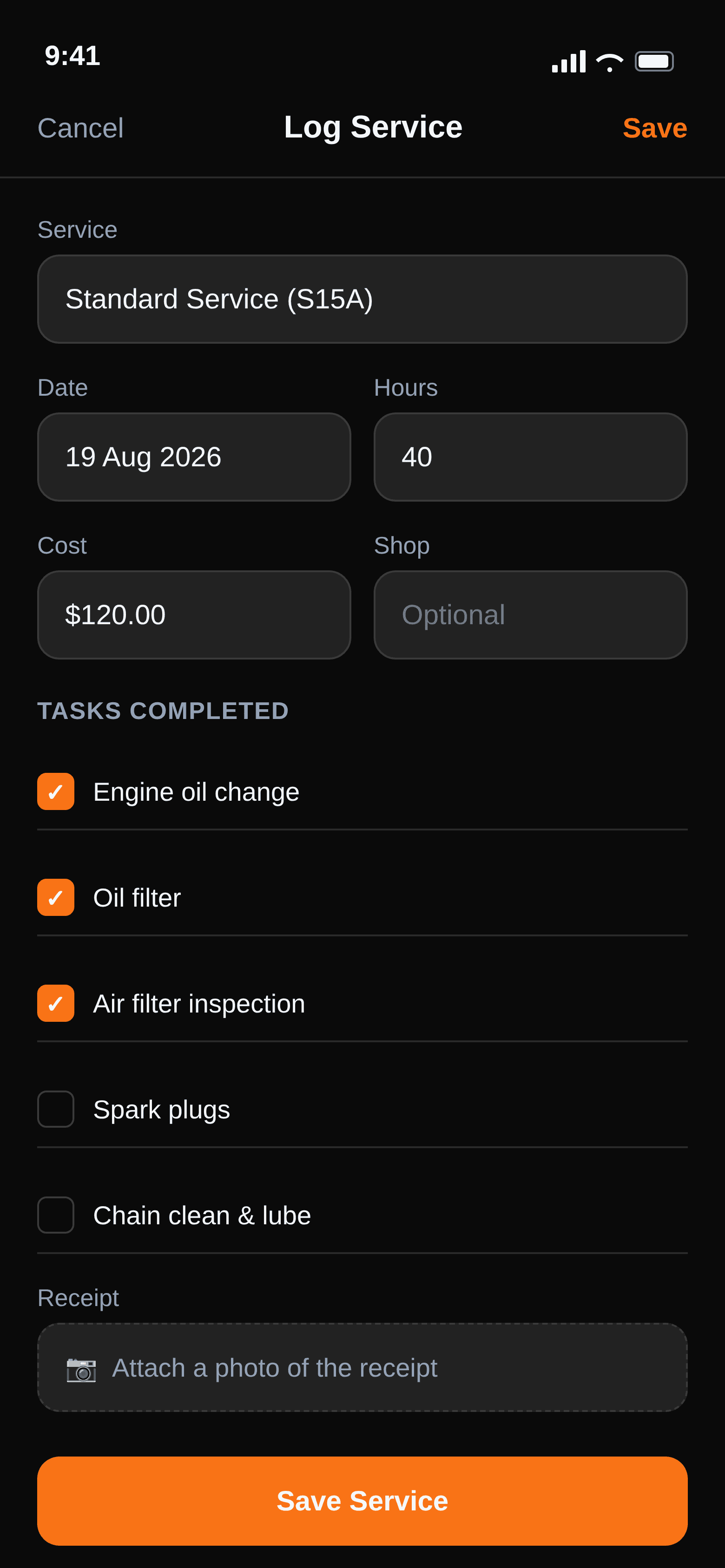 MotoServicePro mobile app service logging screen with tasks and cost