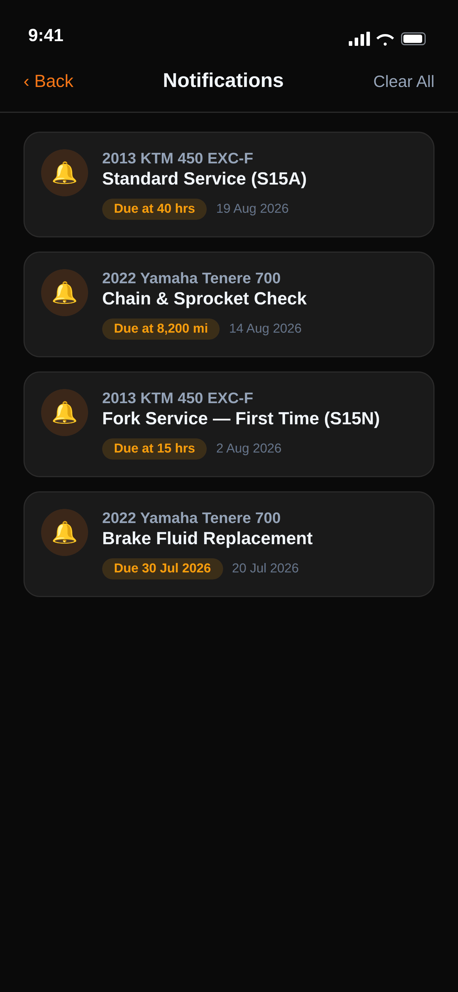 MotoServicePro mobile app notifications screen listing upcoming service reminders