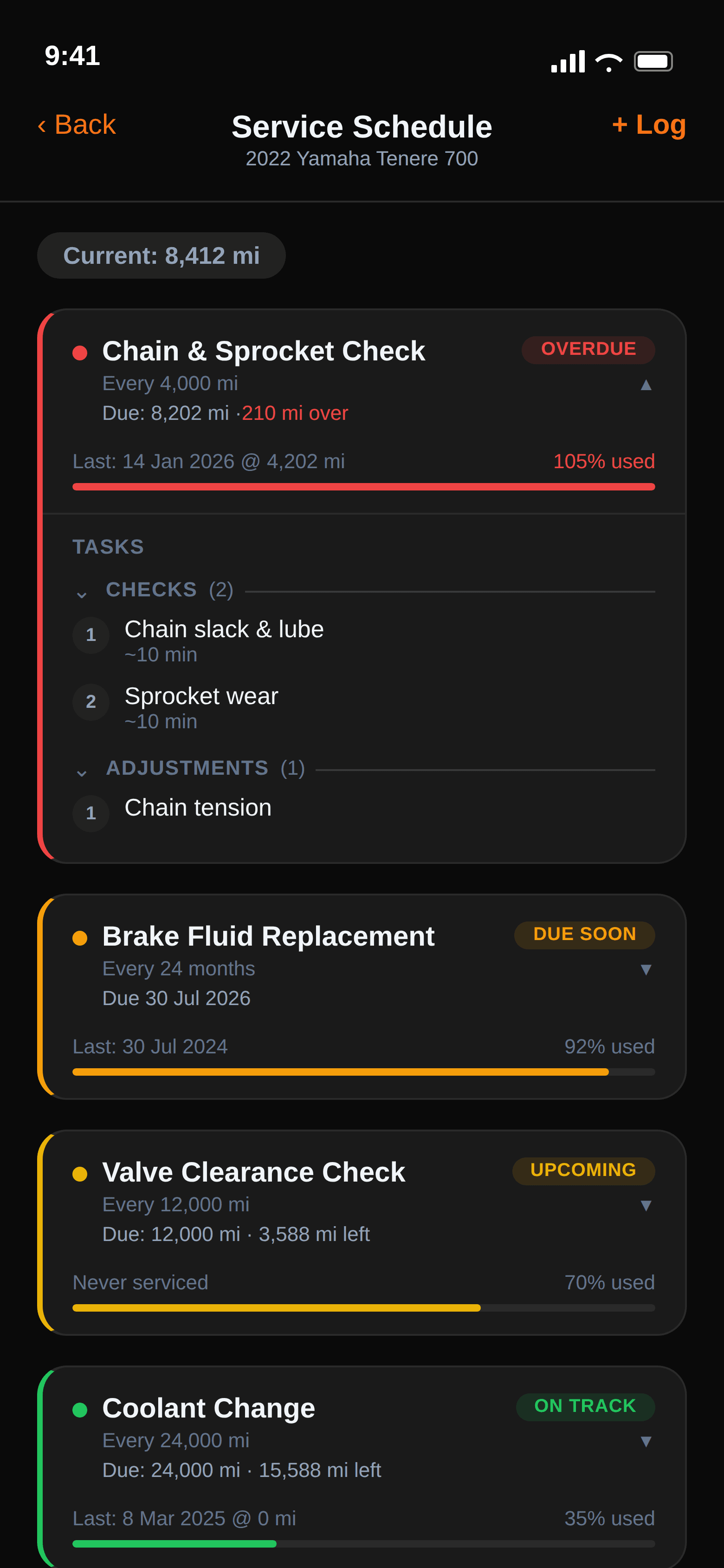 MotoServicePro mobile app showing the full service schedule for a motorcycle with overdue, due soon, and upcoming services