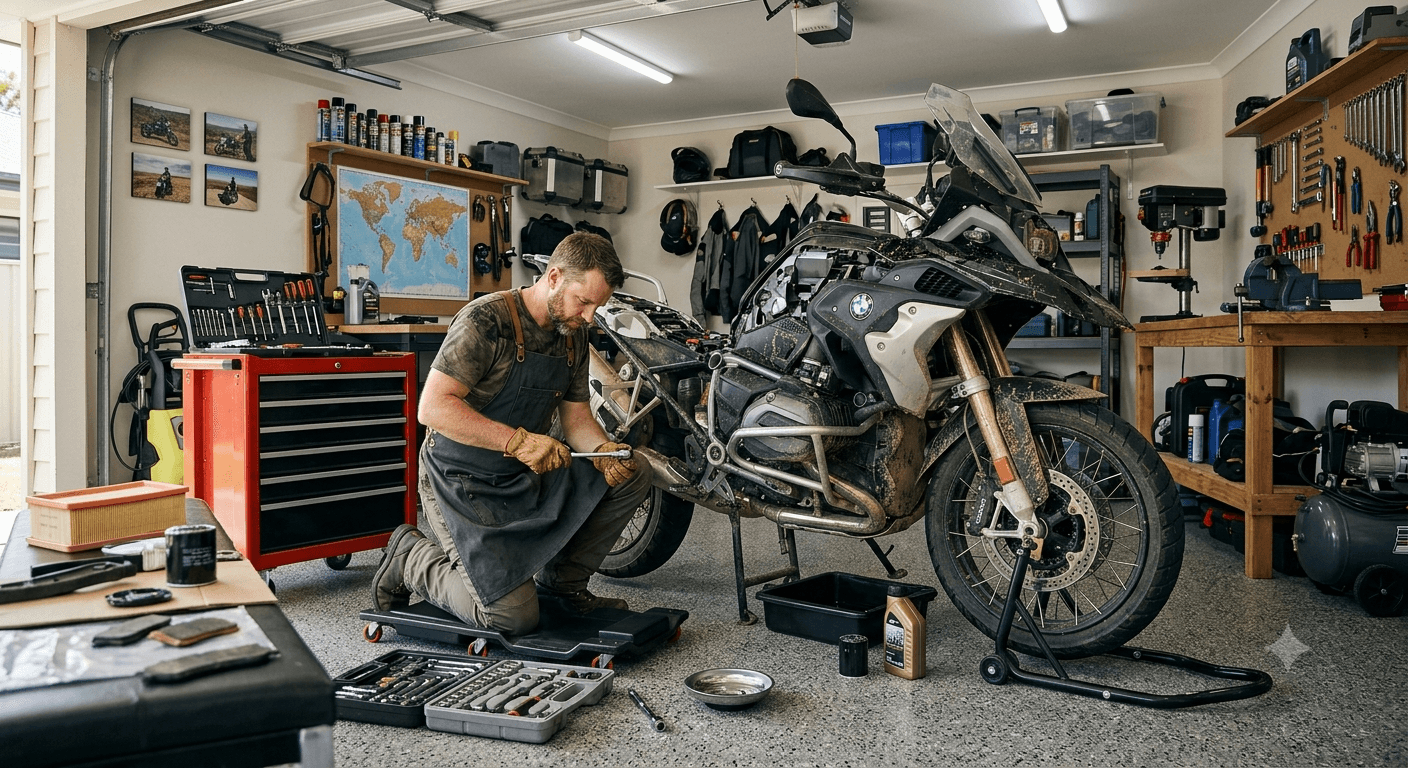 Motorcyclist servicing a BMW GS adventure bike in a garage